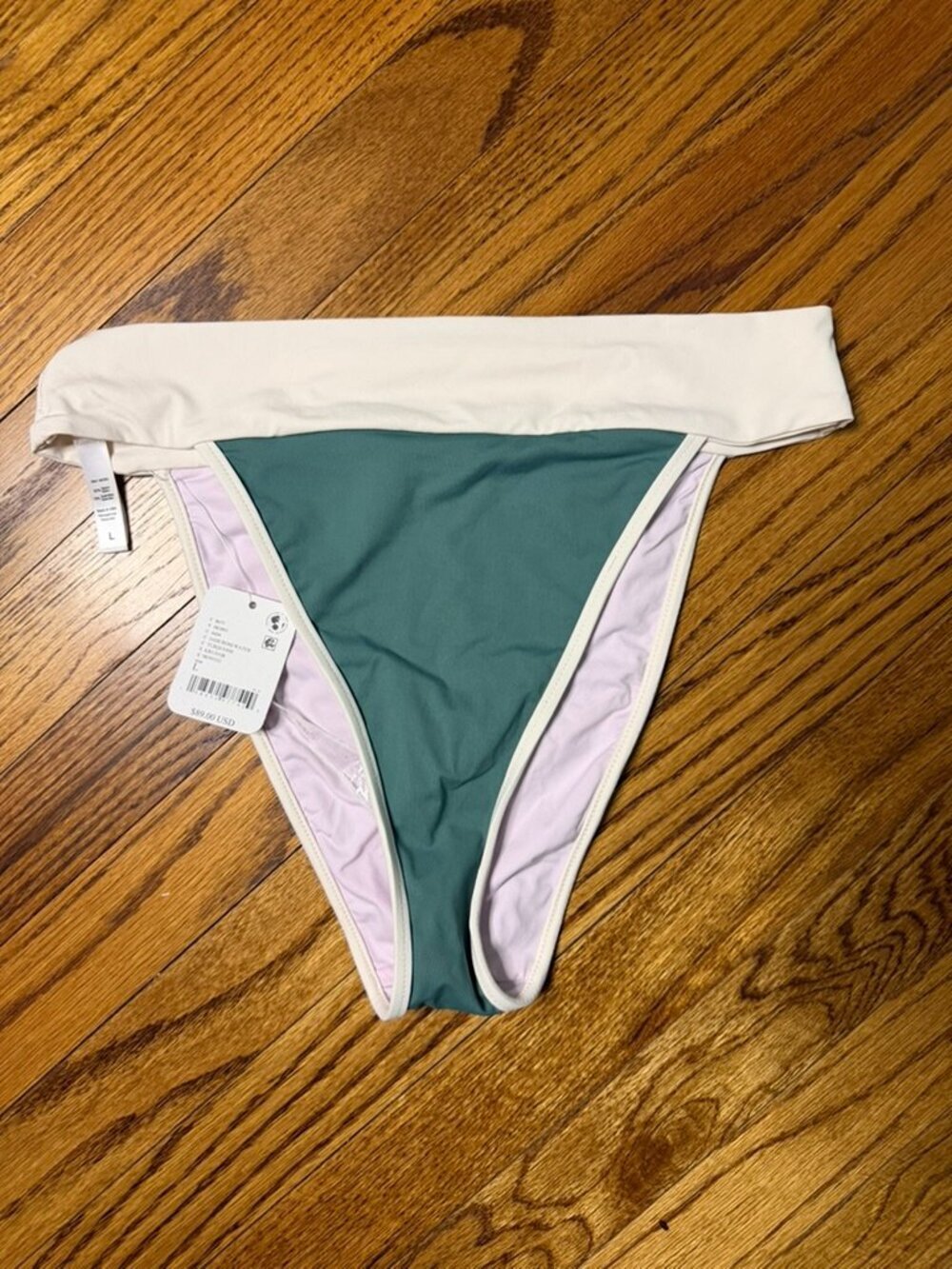NWT Free people X Kya reversible Green and cream Bikini Bottom, Size: Large - Picture 2 of 4